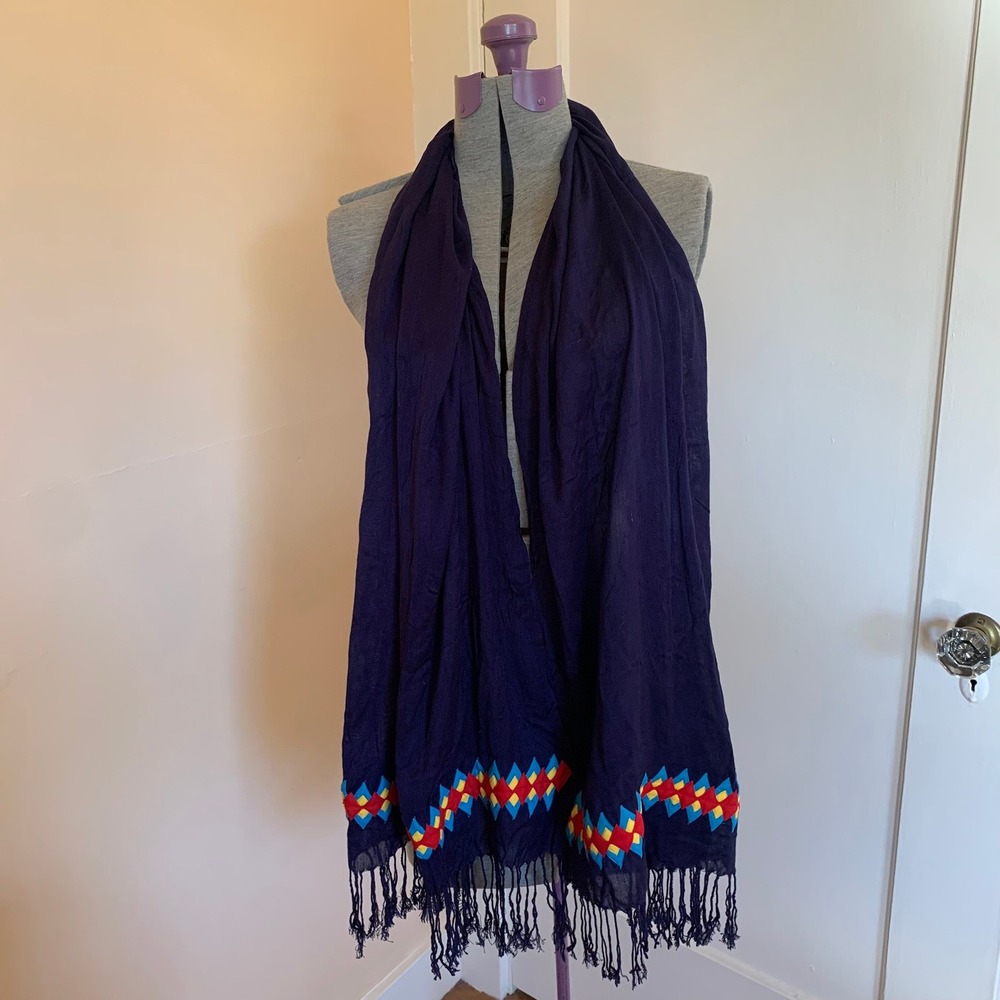 Navy Appliqued Diamond Trim Fringe Scarf Wrap Panama Chiriqui